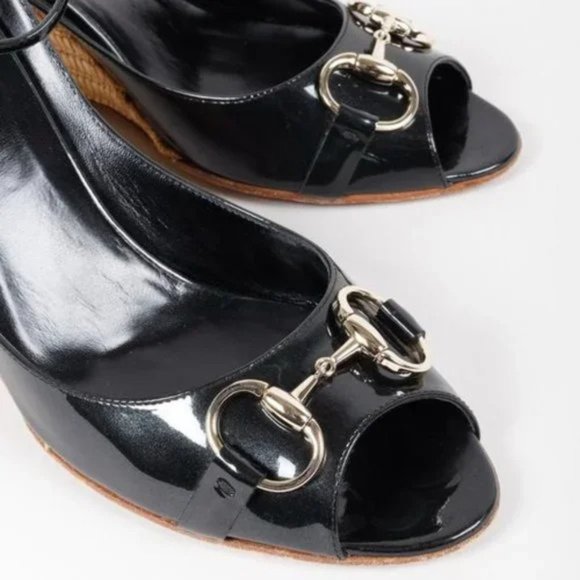 Gucci Horsebit Black Patent Leather Espadrille Wedges - Picture 6 of 12